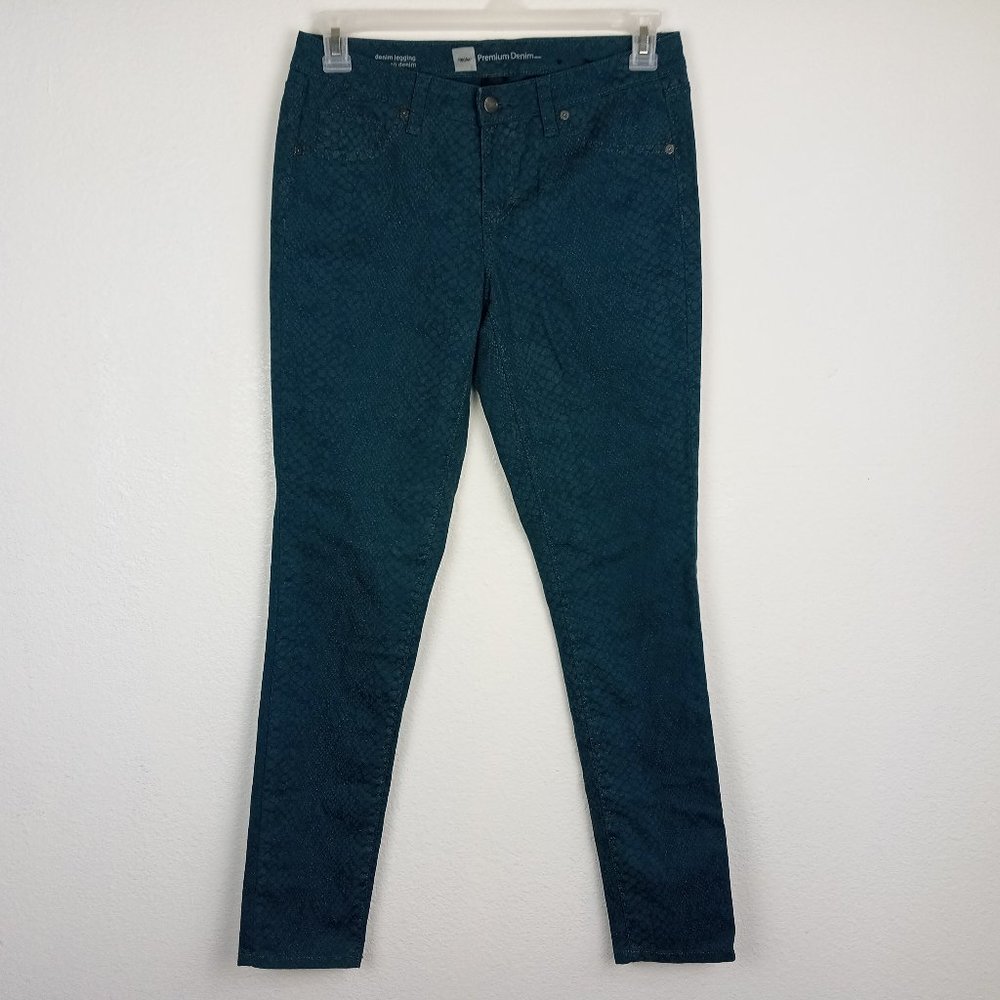Mossimo Women's Premium Denim Legging Size 10 Snake Print Green Mid Rise Jeans